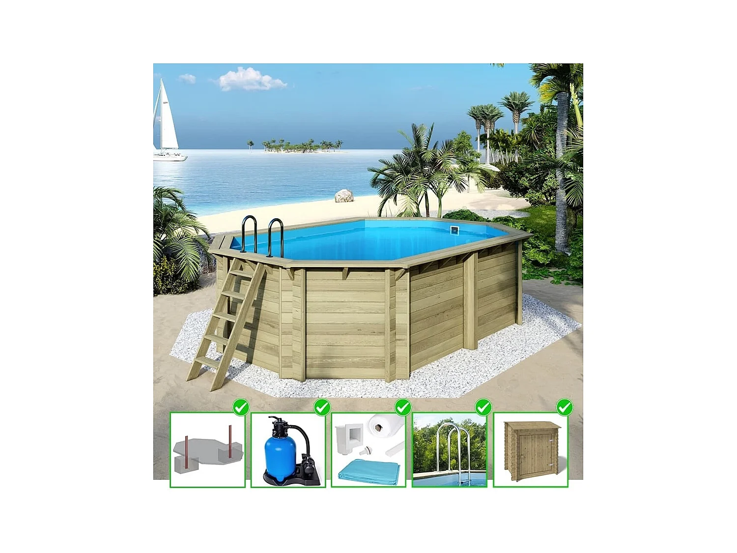 Piscine en bois Nemo 5,79x3,49 - H.1,45 m fixations à sceller - BAS7304OSPI+SZA - ALTANKA