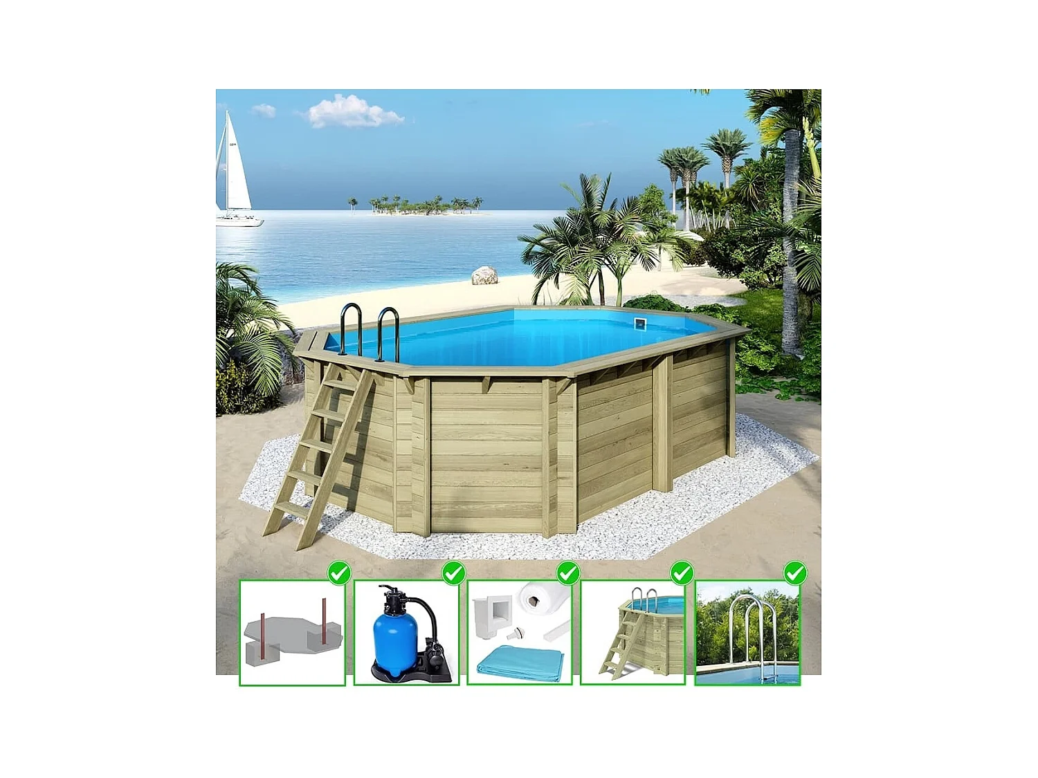 Piscine en bois Nemo 5,79x3,49 - H.1,45 m fixations à sceller - BAS7304OSPI - ALTANKA