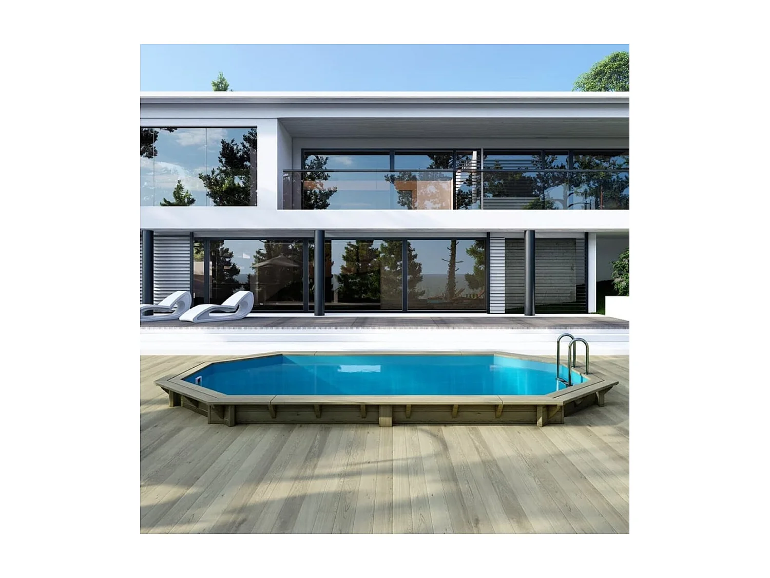 Piscine en bois NEMO 5.79 x 3.49 - H.1.45 m, bleu pâle, fixations à sceller - BAS7304OSPI - ALTANKA