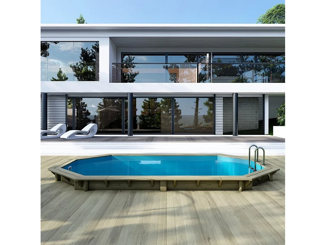 Piscine en bois NEMO 5.79 x 3.49 - H.1.45 m, bleu pâle, fixations à sceller - BAS7304OSPI - ALTANKA