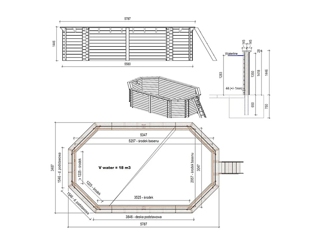 Piscine en bois NEMO 5.79 x 3.49 - H.1.45 m, bleu pâle, fixations à sceller - BAS7304OSPI - ALTANKA