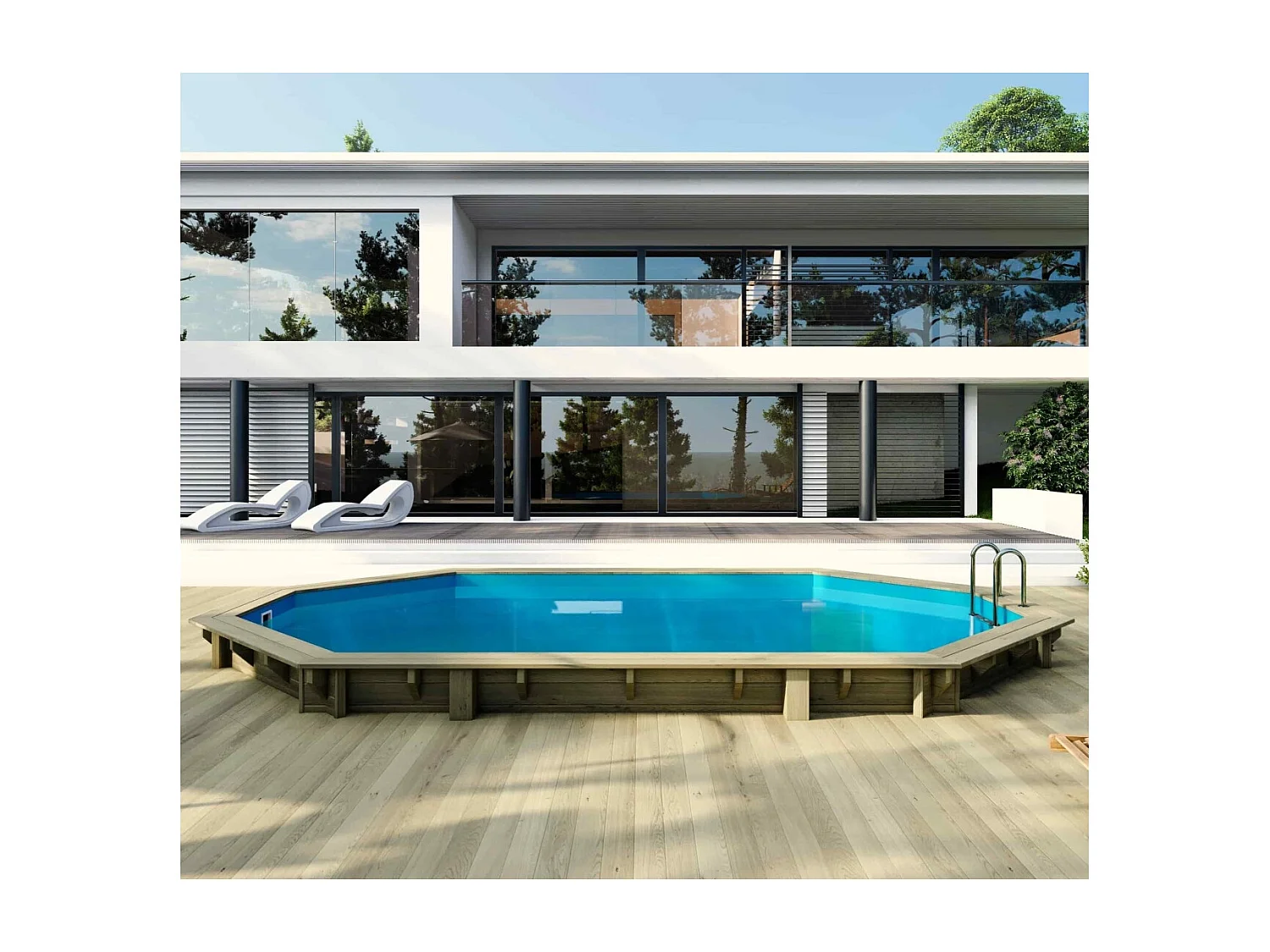 Piscina in legno Sao Paulo 6.57 x 4.07 - H.1.2 m, azzurro chiaro, con supporti da cementare - BAS748OSPI - ALTANKA