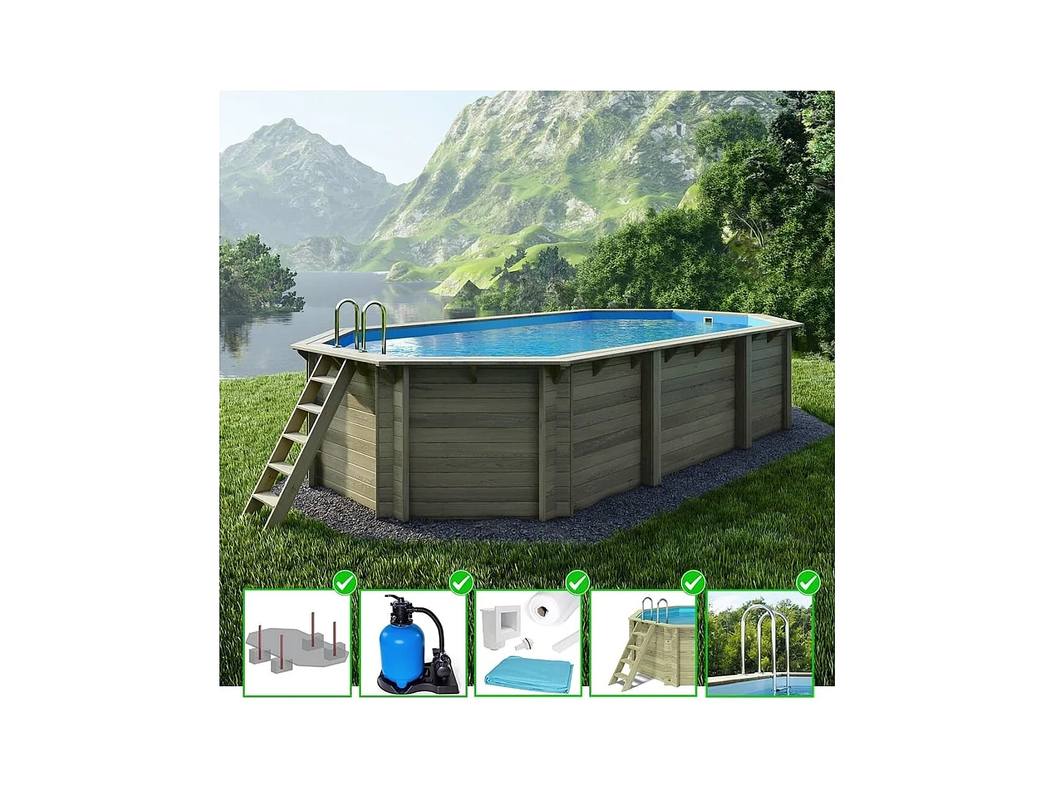 Piscina in legno Nemo 7.3x3.97 - H.1.45 m con profilo da cementare - BAS7305OSPI - ALTANKA