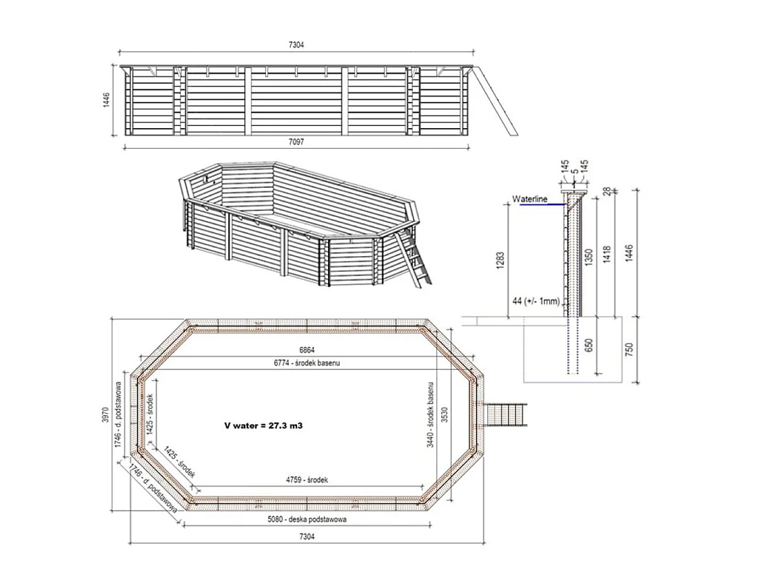 Piscine en bois NEMO 7.3 x 3.97 - H.1.45 m, bleu pâle, fixations à sceller - BAS7305OSPI - ALTANKA