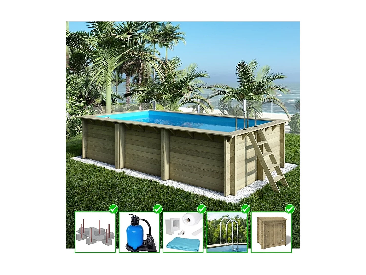 Piscine en bois Aqua 6.1x2.85 - H.1.31 m fixations à sceller - BAS7307OSPI+SZA - ALTANKA