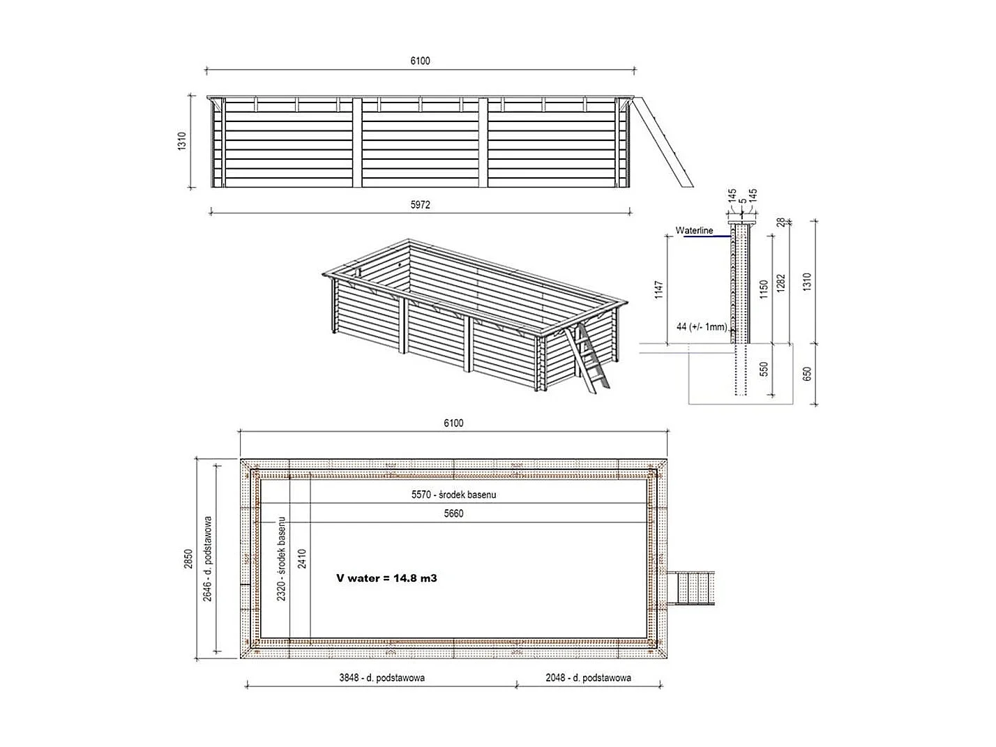 Piscine en bois Aqua 6.1x2.85 - H.1.31 m fixations à sceller - BAS7307OSPI+SZA - ALTANKA