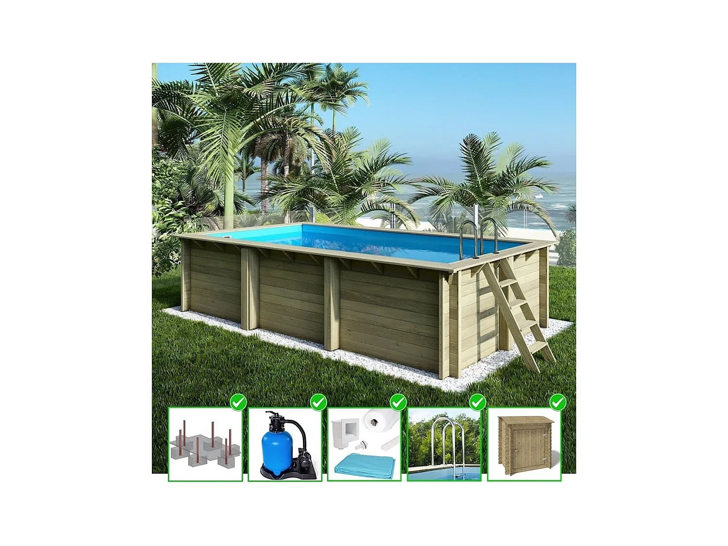 Piscine en bois Aqua 6.1x2.85 - H.1.31 m fixations à sceller - BAS7307OSPI+SZA - ALTANKA