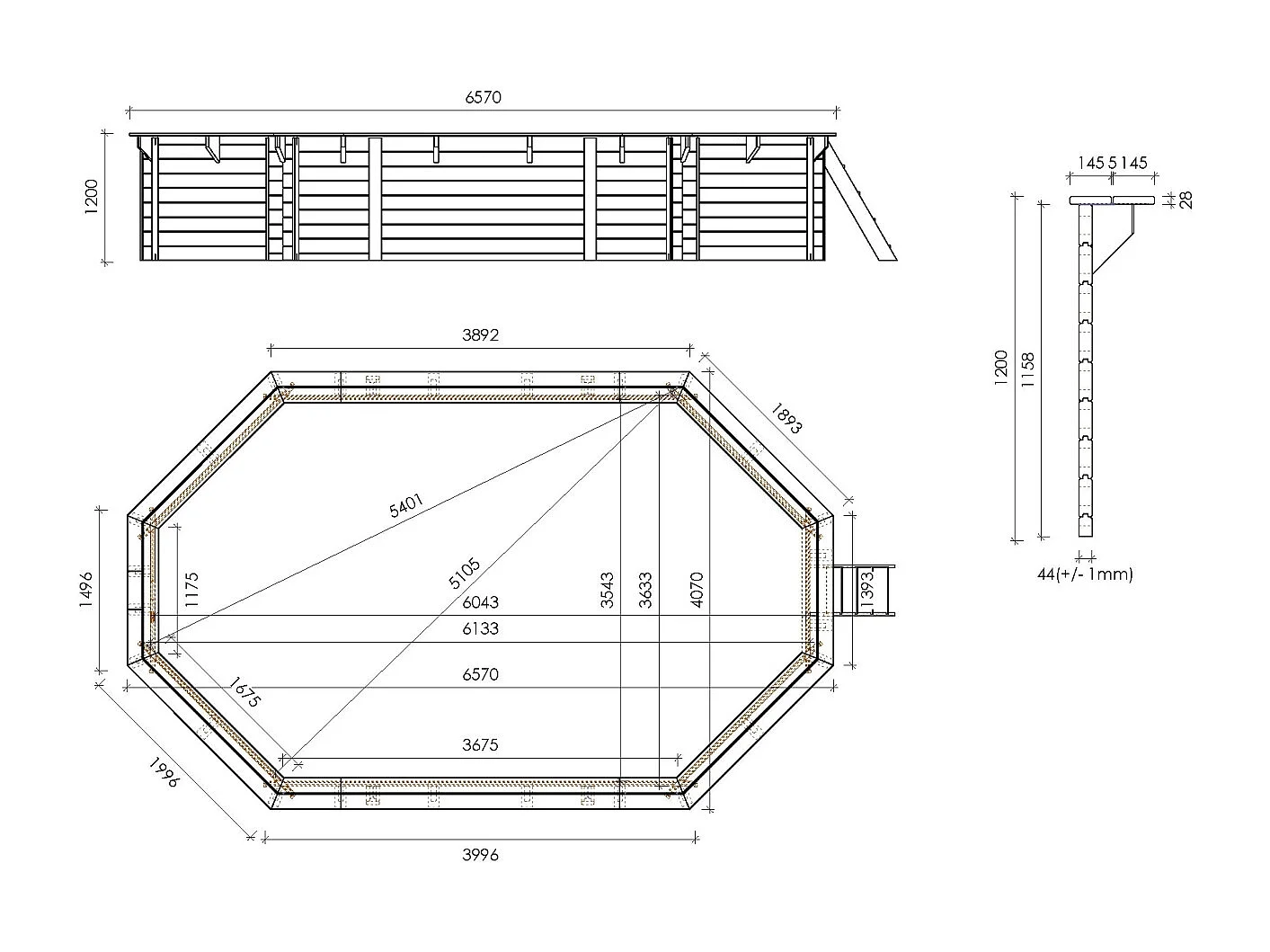 Piscina in legno 6.57x4.07 - H.1.20 m su profilo da cementare - BAS748OSPI+SZA - ALTANKA
