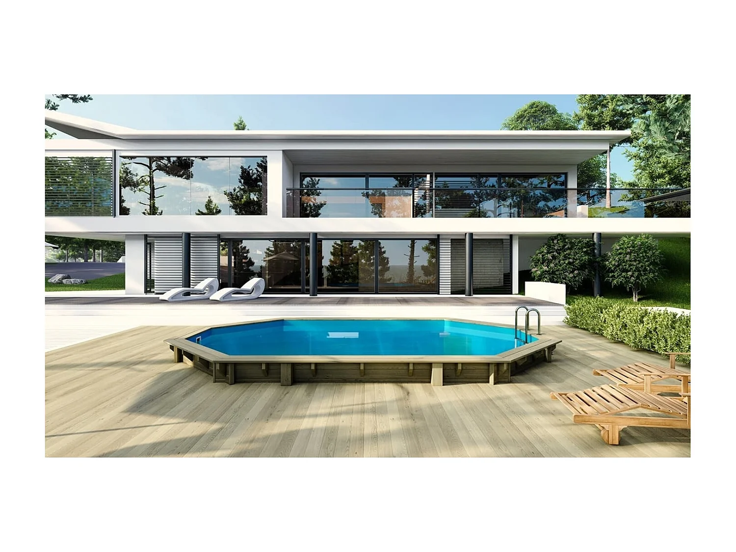 Piscine en bois 6.57x4.07 - H.1.2 m fixations à sceller - BAS748OSPI+SZA - ALTANKA