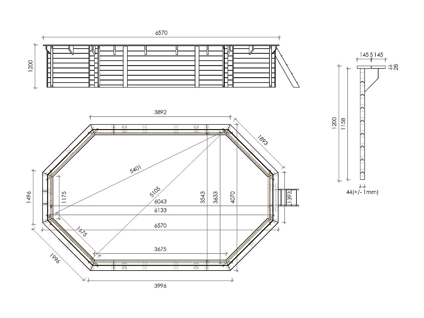 Piscine en bois 6.57x4.07 - H.1.2 m fixations à sceller - BAS748OSPI+SZA - ALTANKA