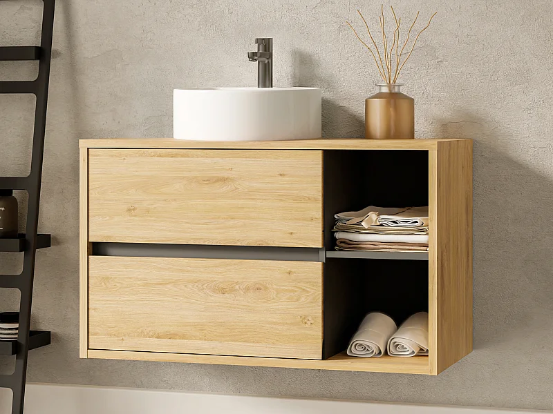 Meuble de salle de bain suspendu avec vasque ronde - Coloris naturel - 100 cm - PURNAL