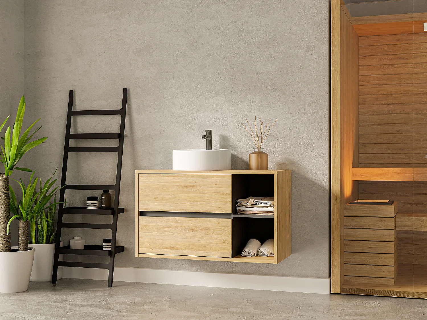 Meuble de salle de bain suspendu avec vasque ronde - Coloris naturel - 100 cm - PURNAL