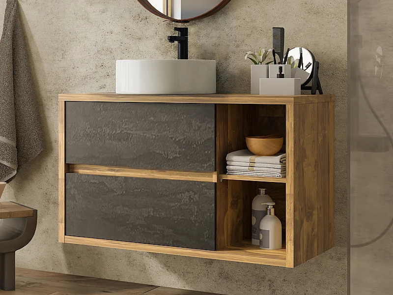 Waschbeckenunterschrank hängend mit rundem Waschbecken - Holzfarben & Anthrazit - 100 cm - TIKITIKI