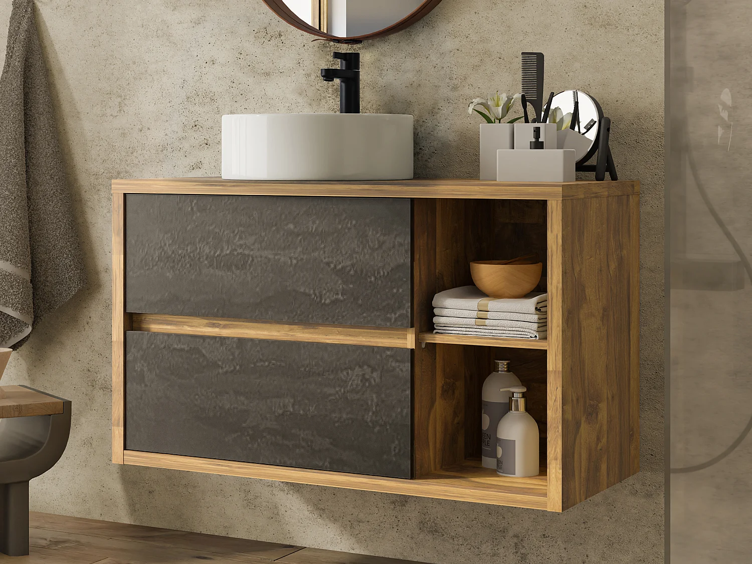 Mobile per bagno sospeso con lavabo tondo 100 cm Naturale e Antracite - TIKITIKI