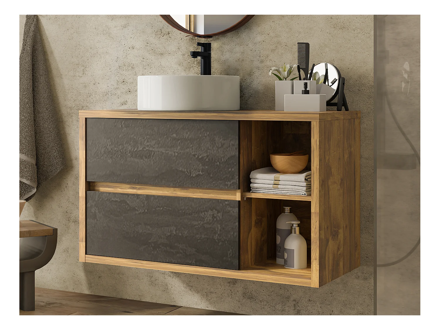 Meuble de salle de bain suspendu avec vasque ronde - Coloris naturel et anthracite - 100 cm - TIKITIKI