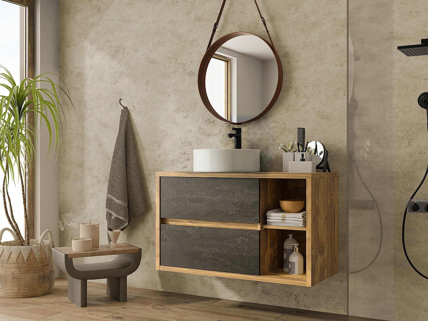 Mueble de baño suspendido con lavabo redondo - Color natural y antracita - 100 cm - TIKITIKI