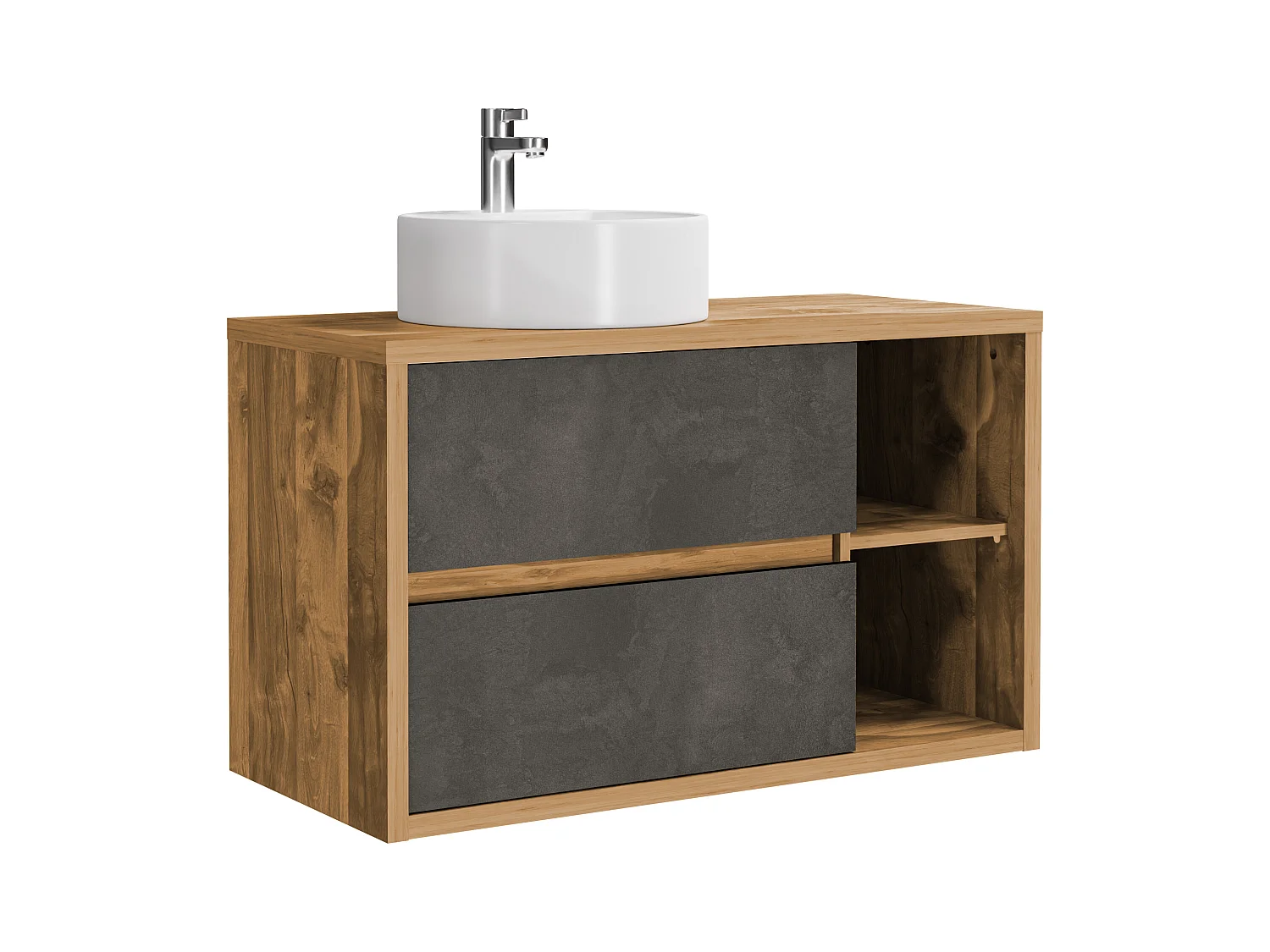 Mueble de baño suspendido con lavabo redondo - Color natural y antracita - 100 cm - TIKITIKI
