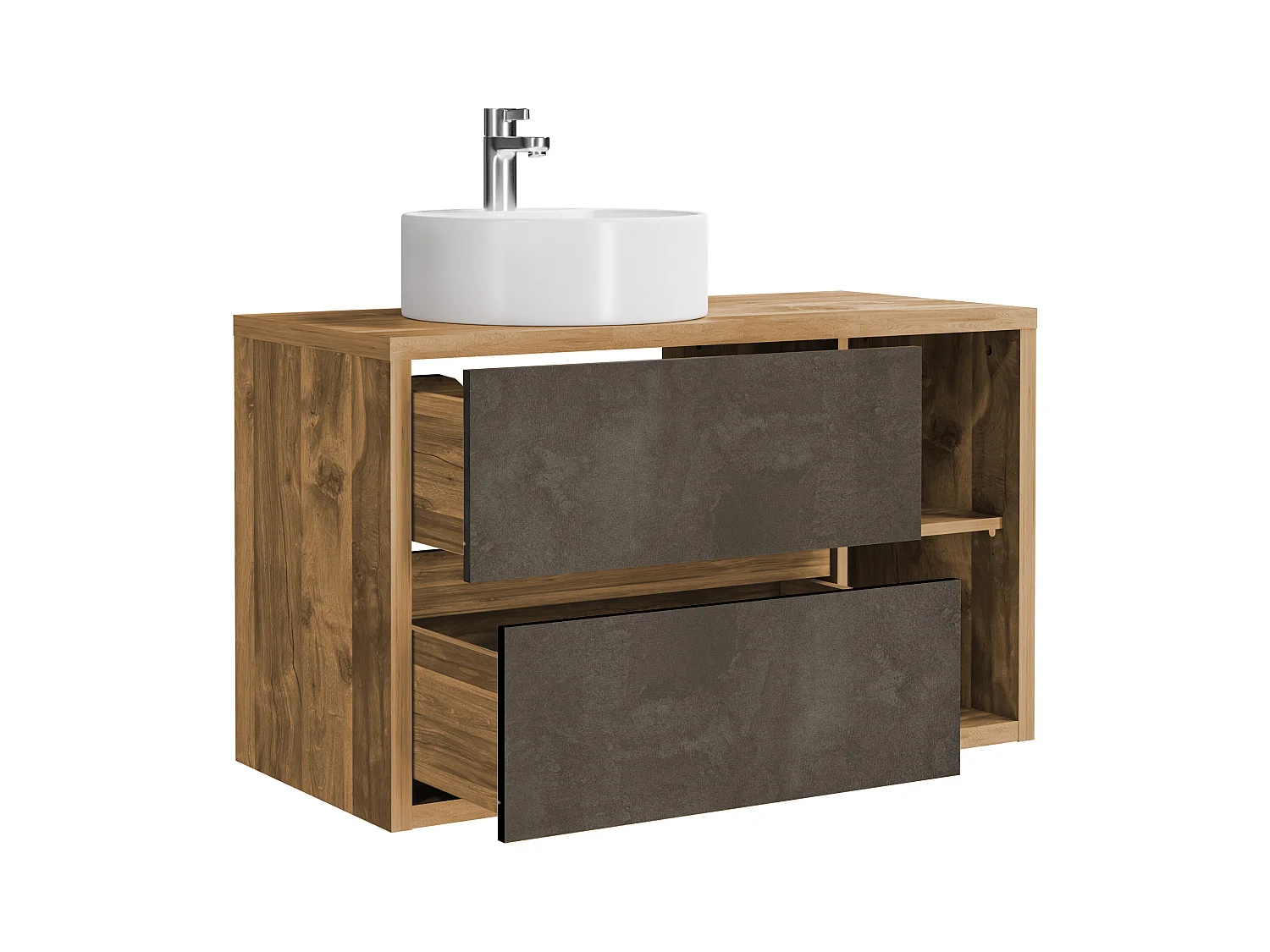 Mueble de baño suspendido con lavabo redondo - Color natural y antracita - 100 cm - TIKITIKI