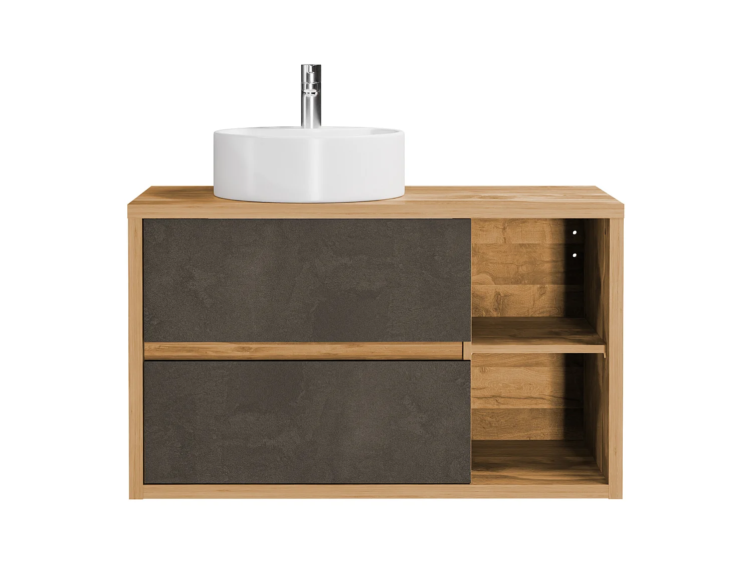 Mueble de baño suspendido con lavabo redondo - Color natural y antracita - 100 cm - TIKITIKI