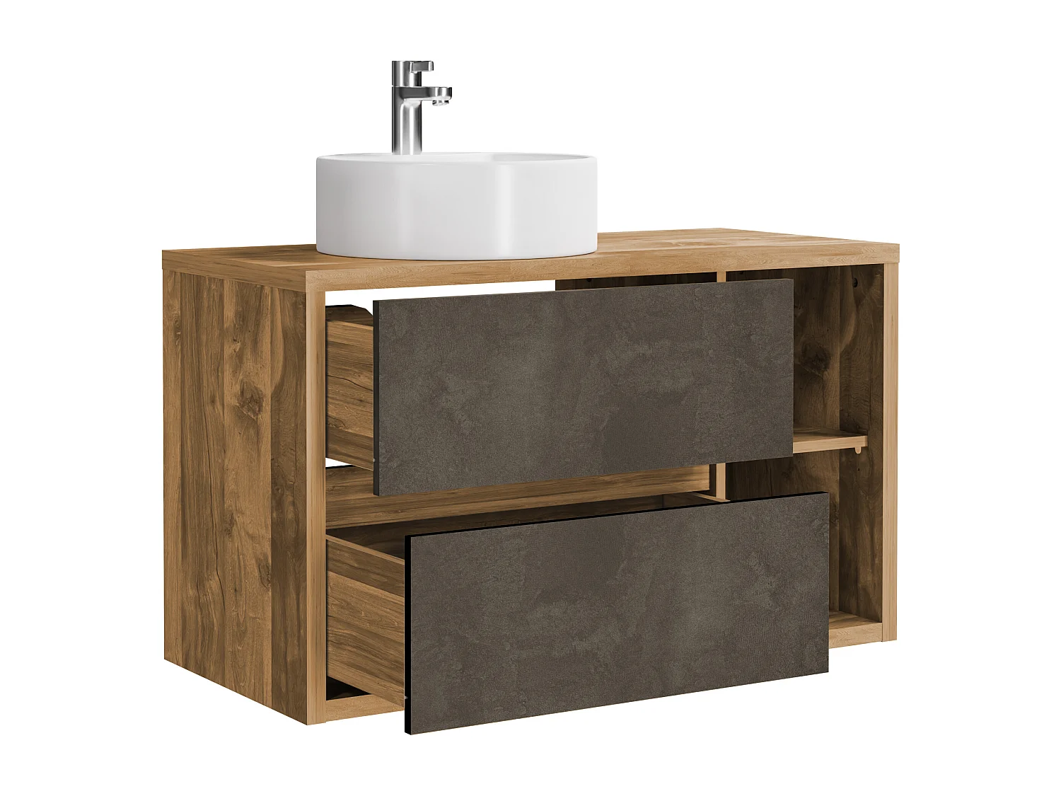 Mueble de baño suspendido con lavabo redondo - Color natural y antracita - 100 cm - TIKITIKI