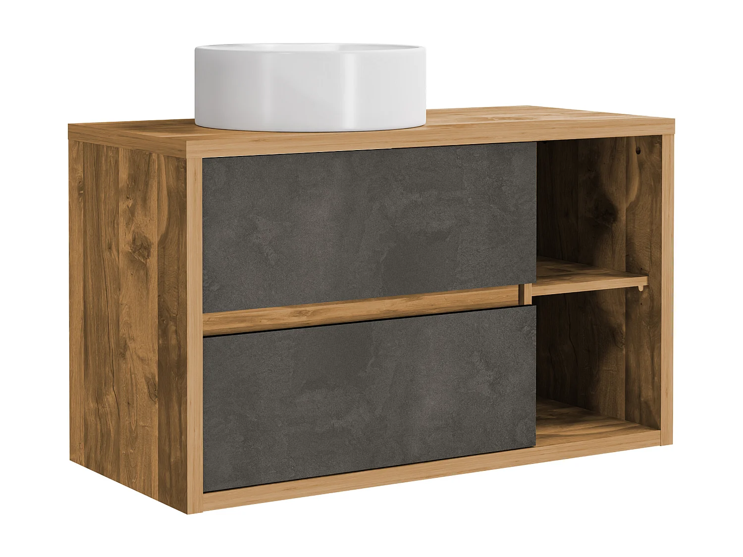 Zwevend badkamermeubel met ronde wastafel - Houtlook en donkergrijs - 100 cm - TIKITIKI