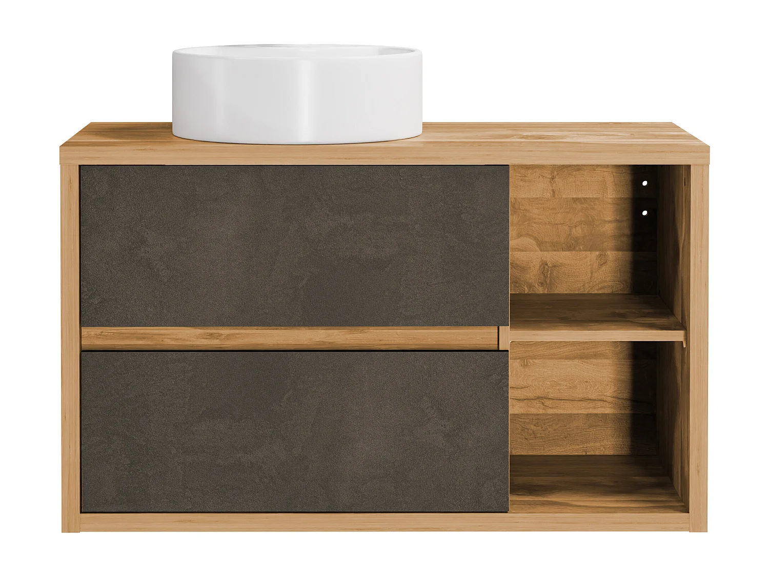 Zwevend badkamermeubel met ronde wastafel - Houtlook en donkergrijs - 100 cm - TIKITIKI