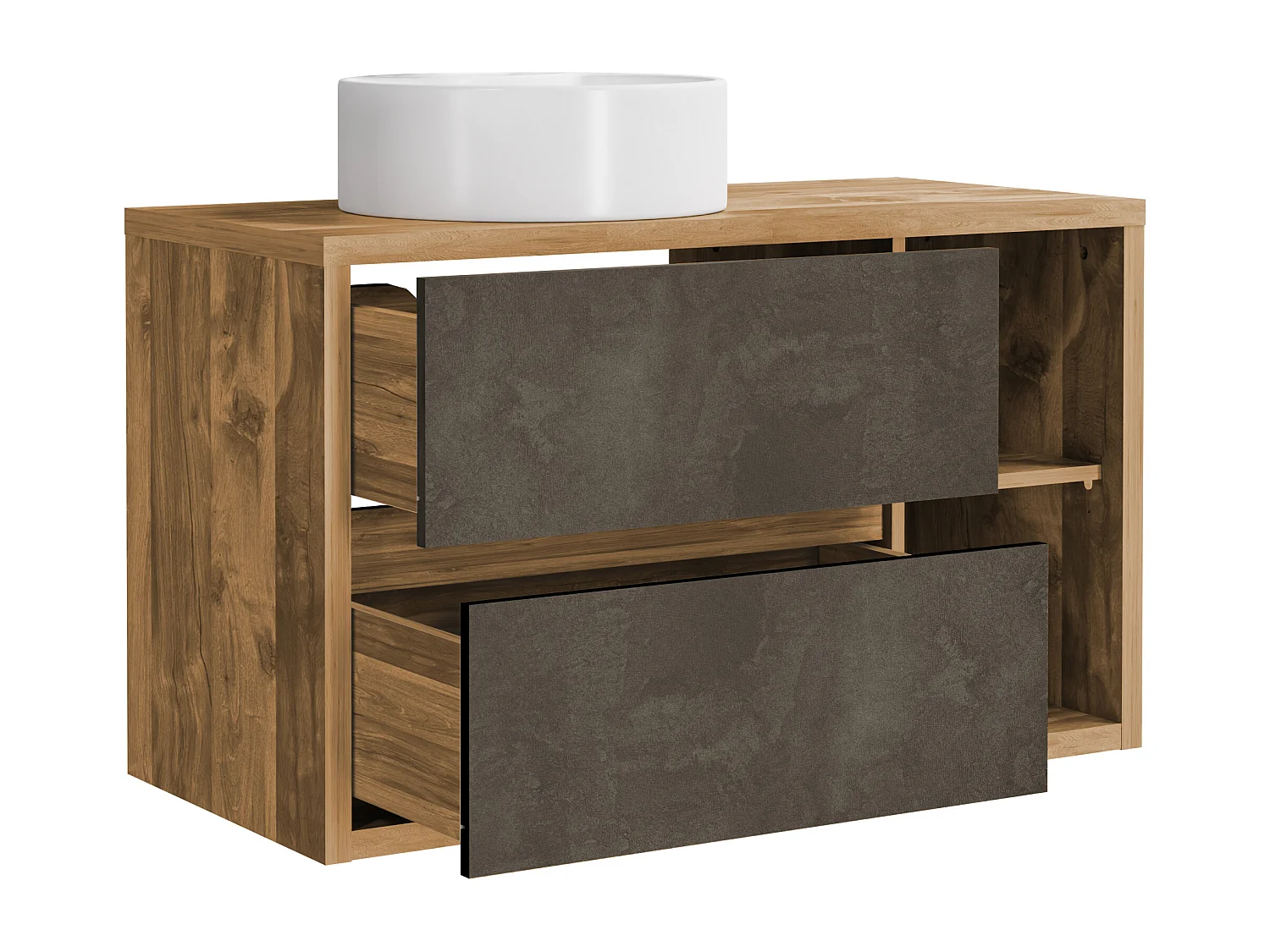 Zwevend badkamermeubel met ronde wastafel - Houtlook en donkergrijs - 100 cm - TIKITIKI