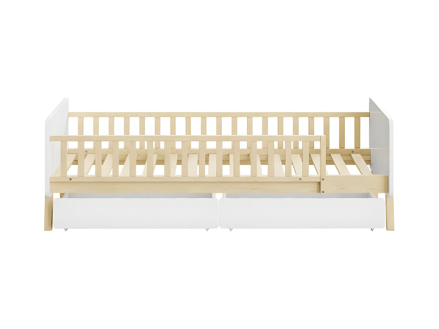 Kinderbed 90x190 met 2 laden, massief houten eenpersoonsbed met lattenbodem, wit
