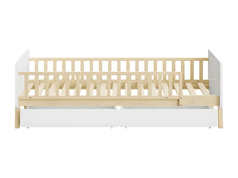 Lit pour enfant 90x190 avec 2 tiroirs, lit simple en bois massif avec sommier à lattes, blanc