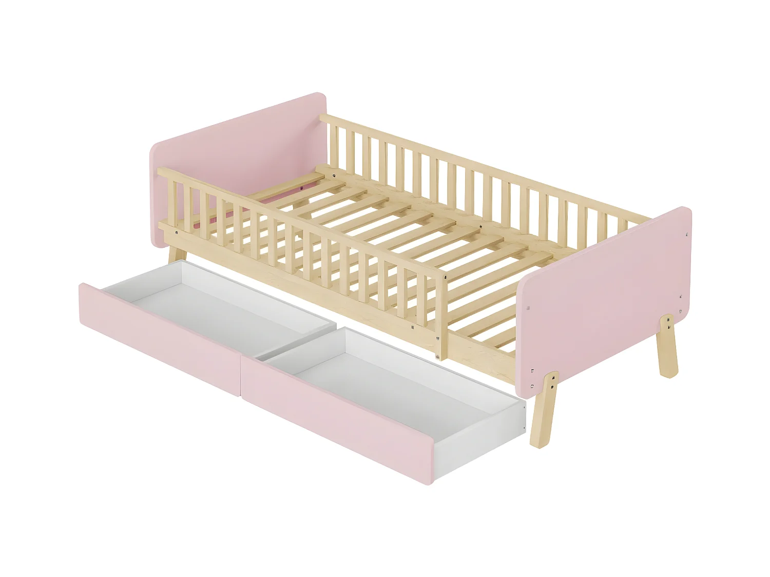 Lit pour enfant avec tiroirs de rangement en bois massif et sommier à lattes - Rose