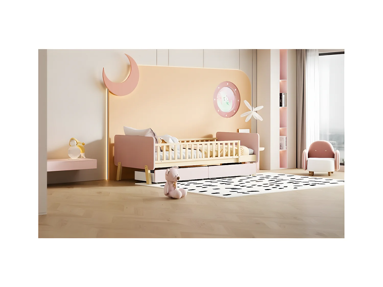 Lit pour enfant avec tiroirs de rangement en bois massif et sommier à lattes - Rose
