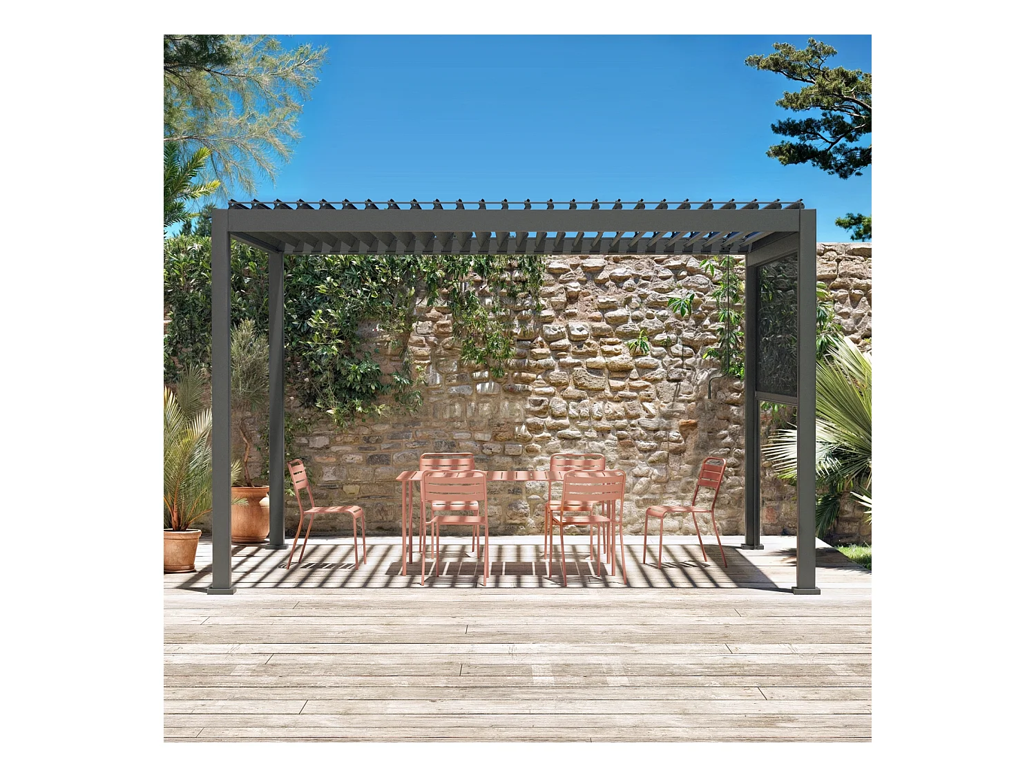 Pergola Bioclimatique gris anthracite – Triomphe – 300x400cm. aluminium. à lames orientables + store 300cm