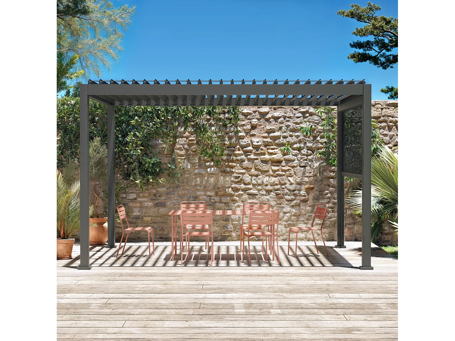 Pergola bioclimatica 3x4m in alluminio + tenda da sole 3m, antracite