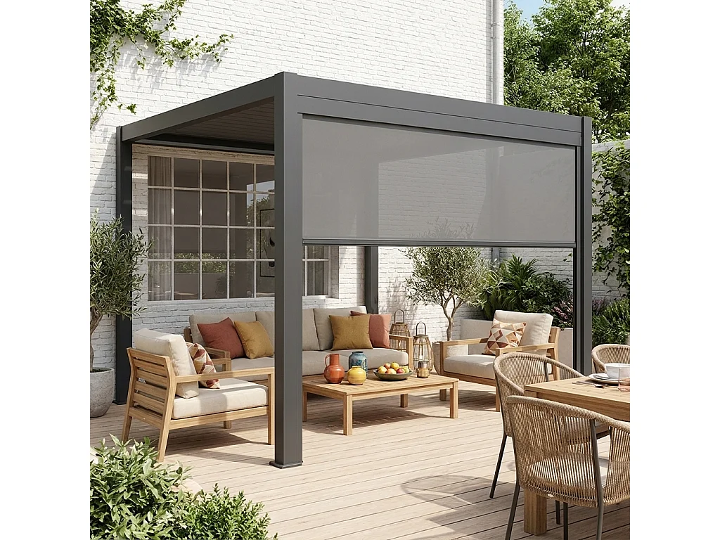 Pergola Bioclimatique gris anthracite – Triomphe – 300x400cm. aluminium. à lames orientables + store 300cm