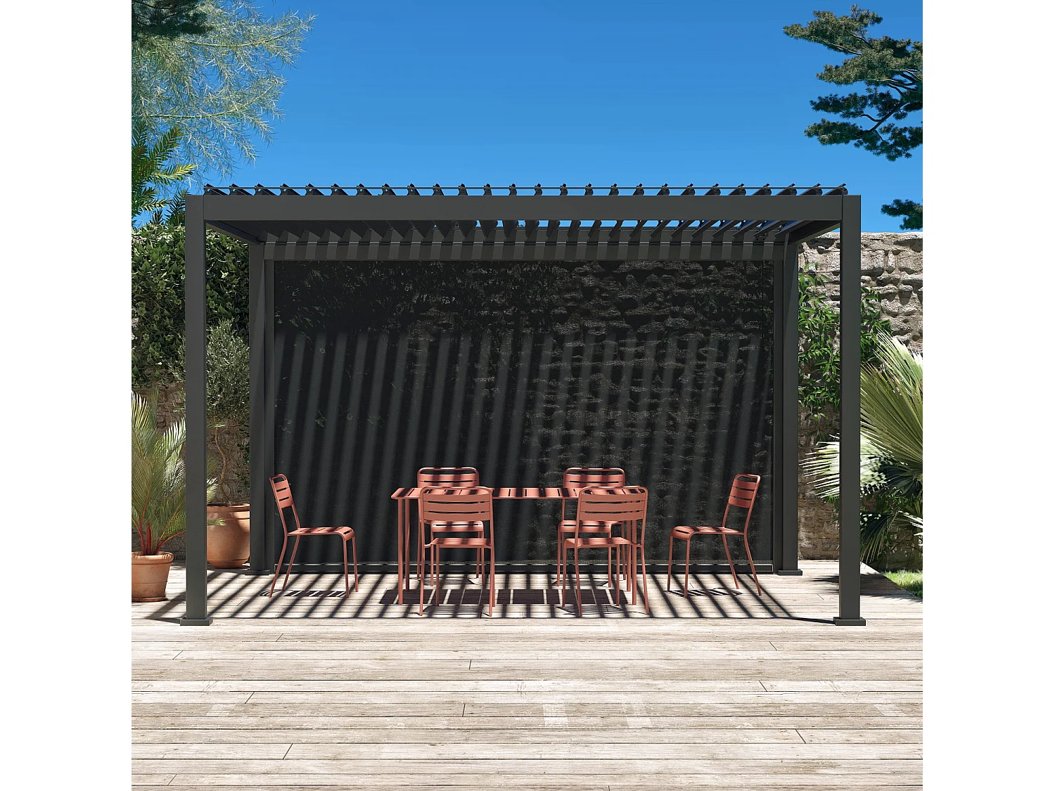 Pergola Bioclimatique gris anthracite – Triomphe – 300x400cm. aluminium. à lames orientables + store 400cm