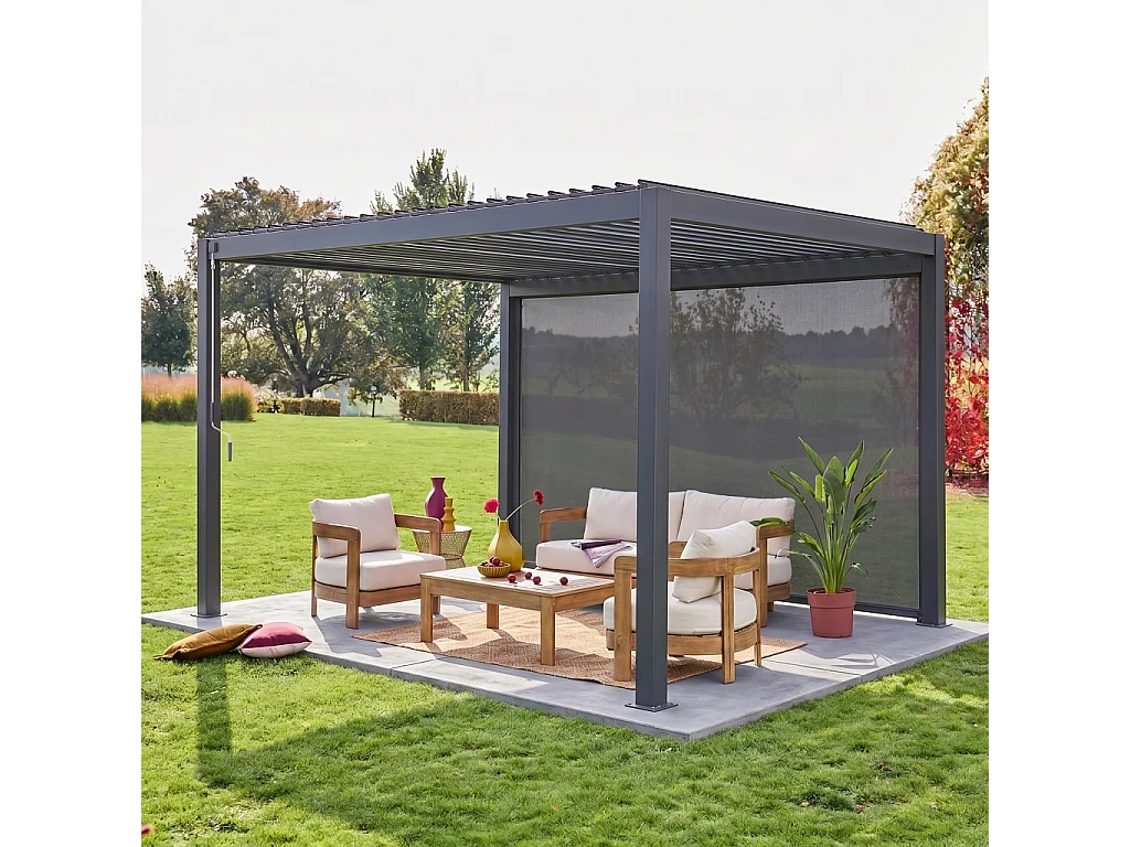 Pergola Bioclimatique gris anthracite – Triomphe – 300x400cm. aluminium. à lames orientables + store 400cm