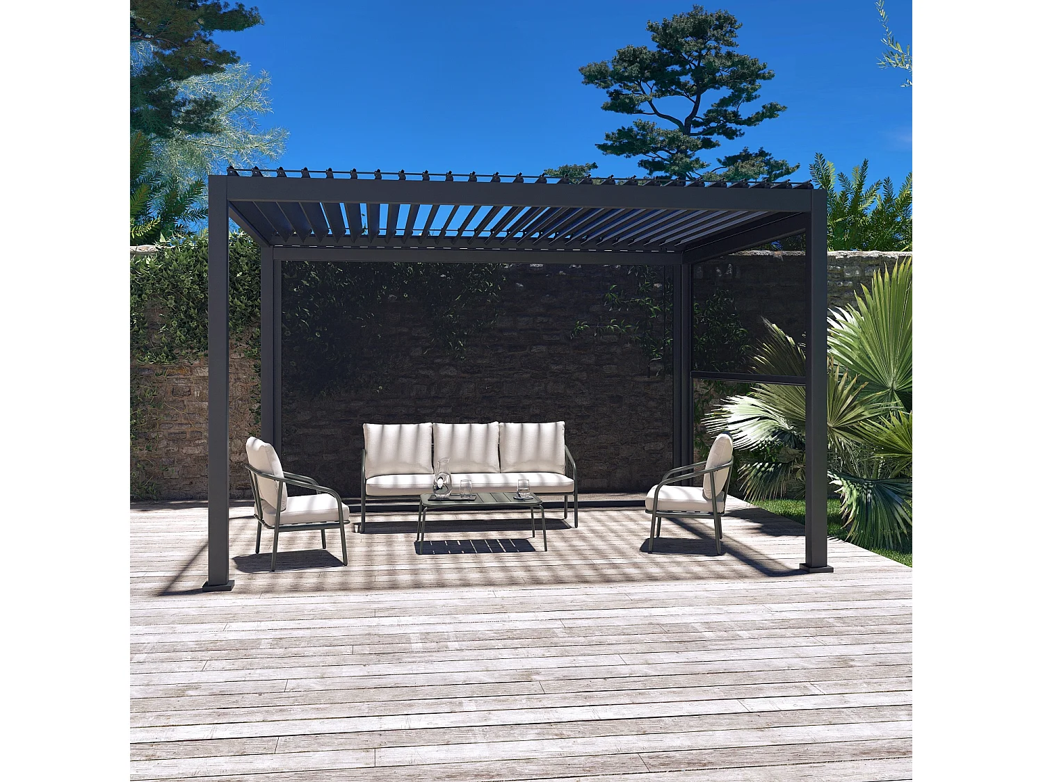 Pergola bioclimatica 3x4m in alluminio + tenda da 3m + tenda da 4m,