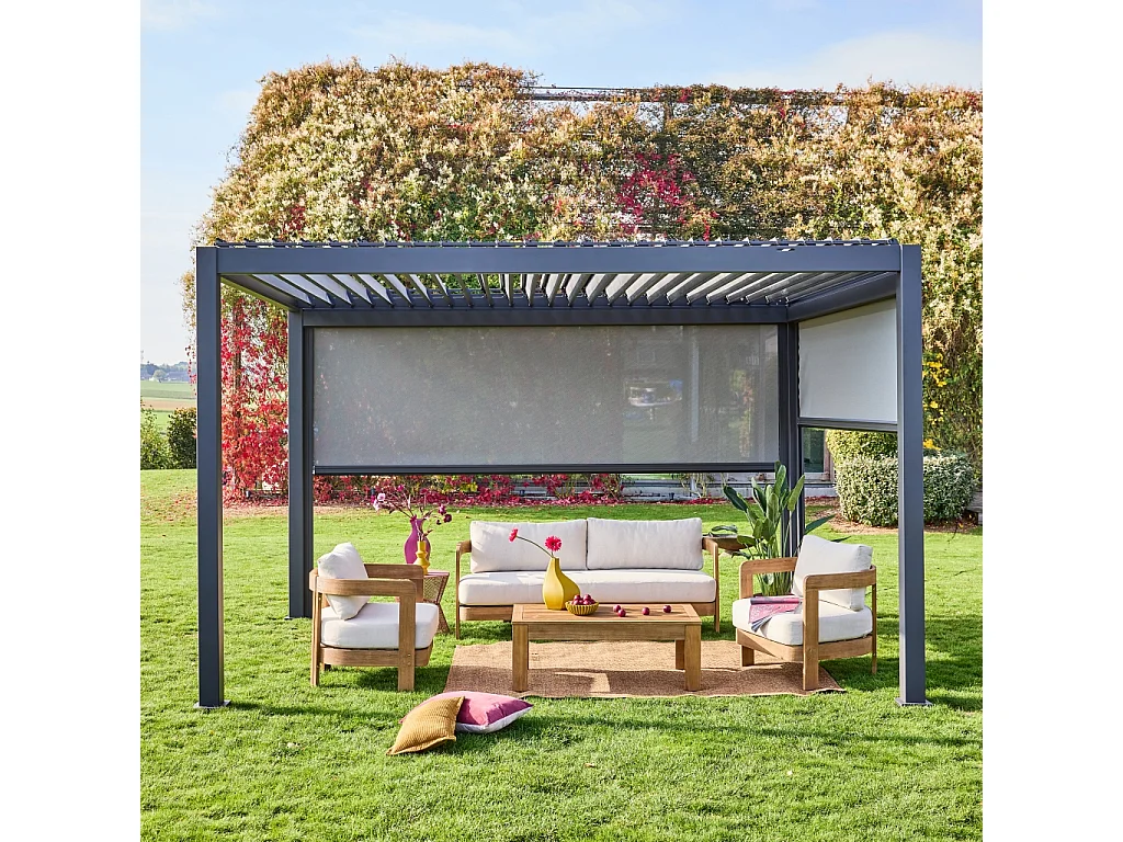 Pergola Bioclimatique gris anthracite 300 x 400cm. aluminium à lames orientables + store 300cm + store 400cm