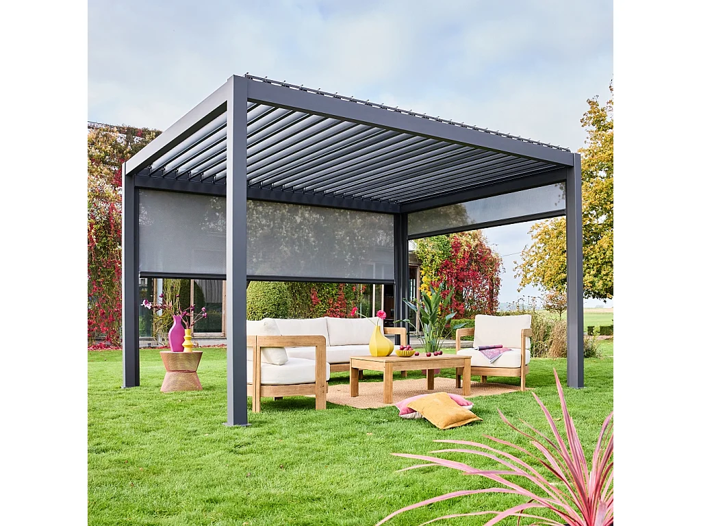 Pergola bioclimatica 3x4m in alluminio + tenda da 3m + tenda da 4m,