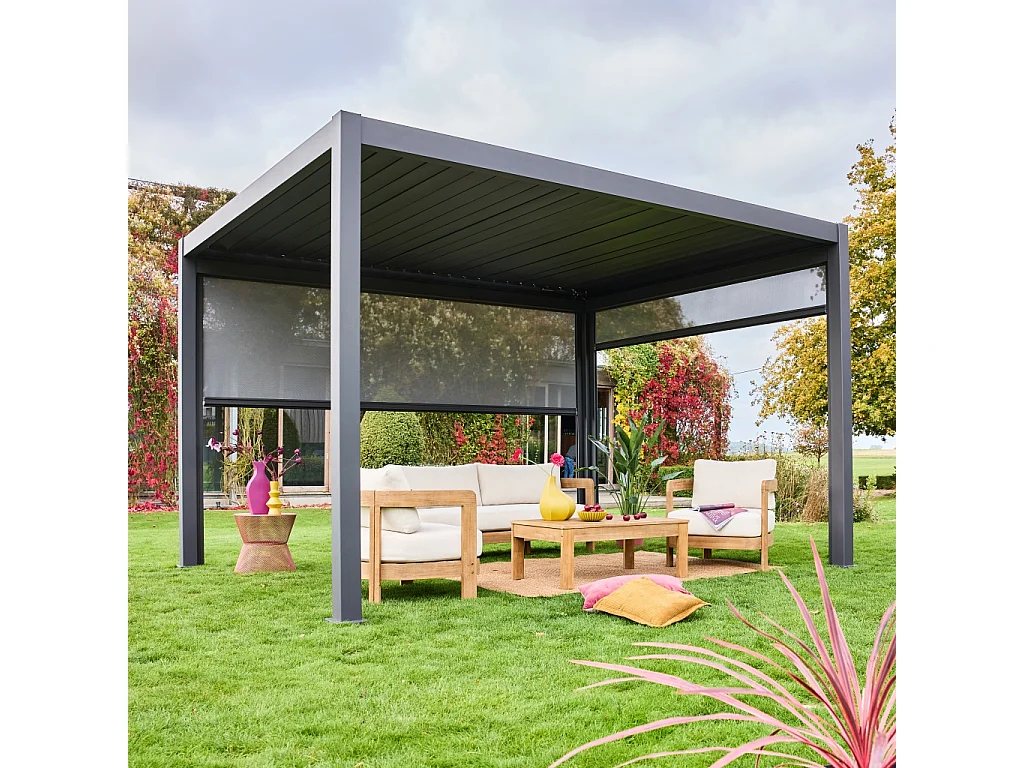 Pérgola bioclimática 3x4m con 2 toldos verticales de 3m y 4m antracita