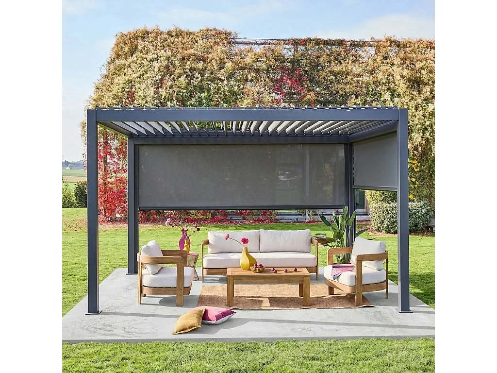 Pergola Bioclimatique gris anthracite 300 x 400cm. aluminium à lames orientables + store 300cm + store 400cm