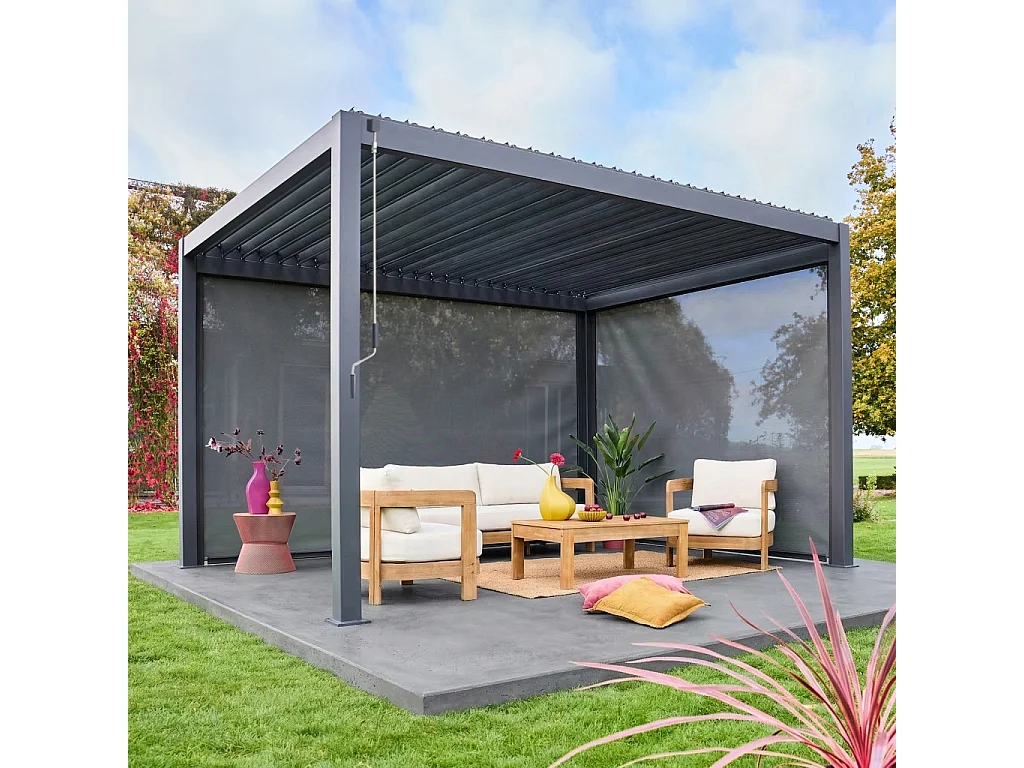 Pergola Bioclimatique gris anthracite 300 x 400cm. aluminium à lames orientables + store 300cm + store 400cm