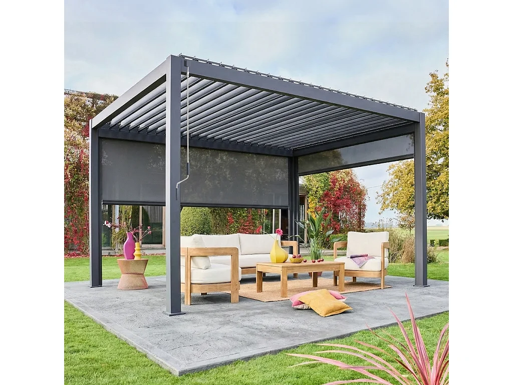 Pergola Bioclimatique gris anthracite 300 x 400cm. aluminium à lames orientables + store 300cm + store 400cm