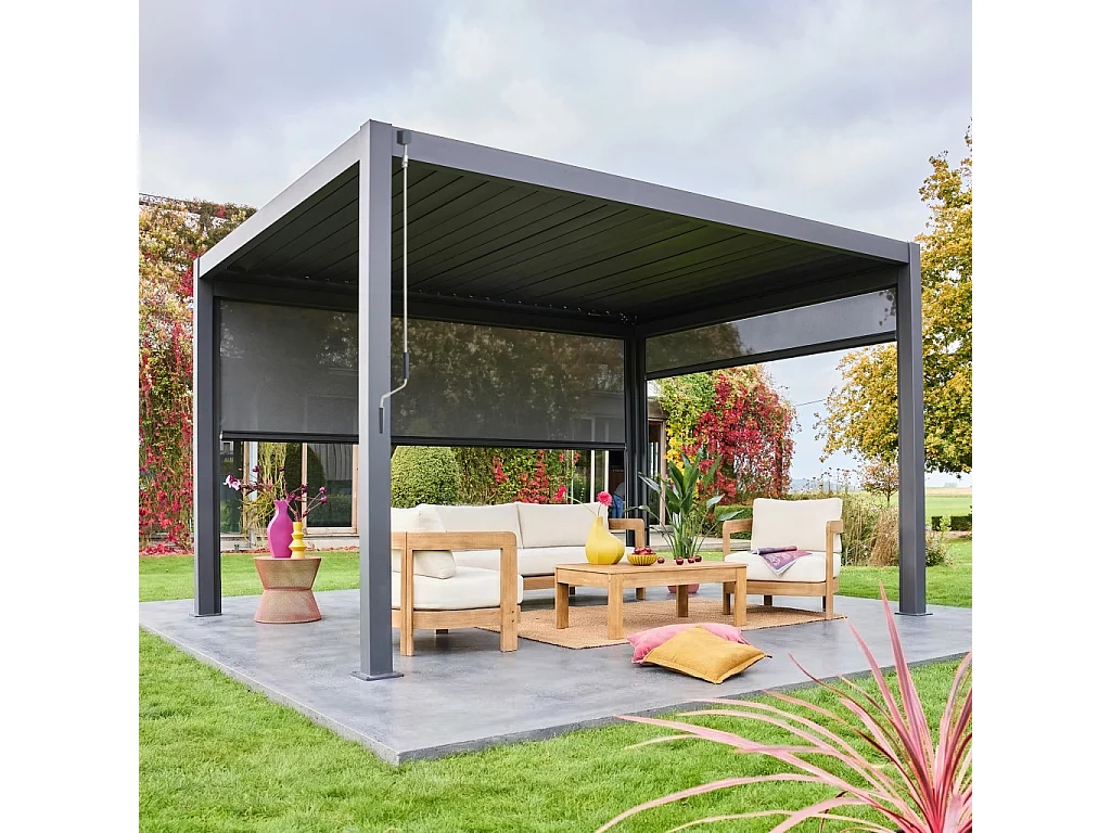 Pergola Bioclimatique gris anthracite 300 x 400cm. aluminium à lames orientables + store 300cm + store 400cm