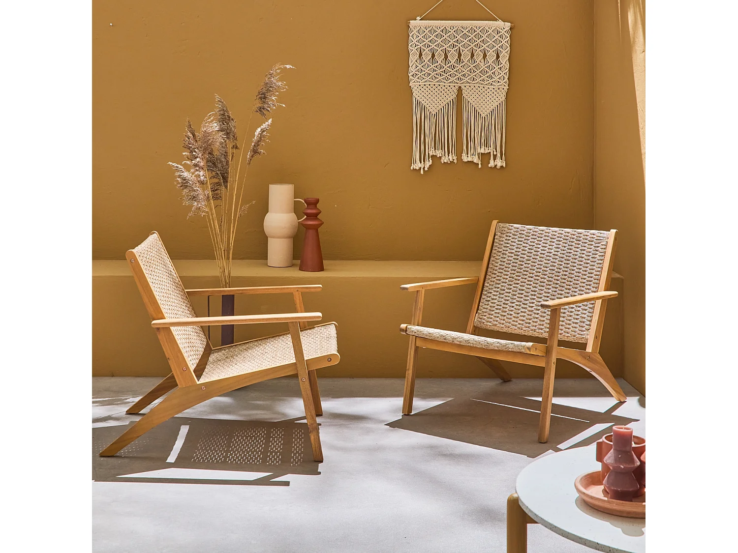 Lot de 2 fauteuils relax en bois et en résine effet paillage BELIZE 62 x 78 x 67 cm