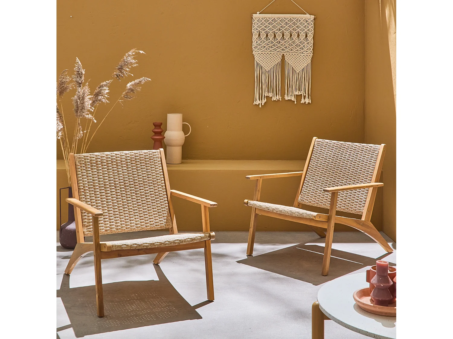 Lot de 2 fauteuils relax en bois et en résine effet paillage BELIZE 62 x 78 x 67 cm