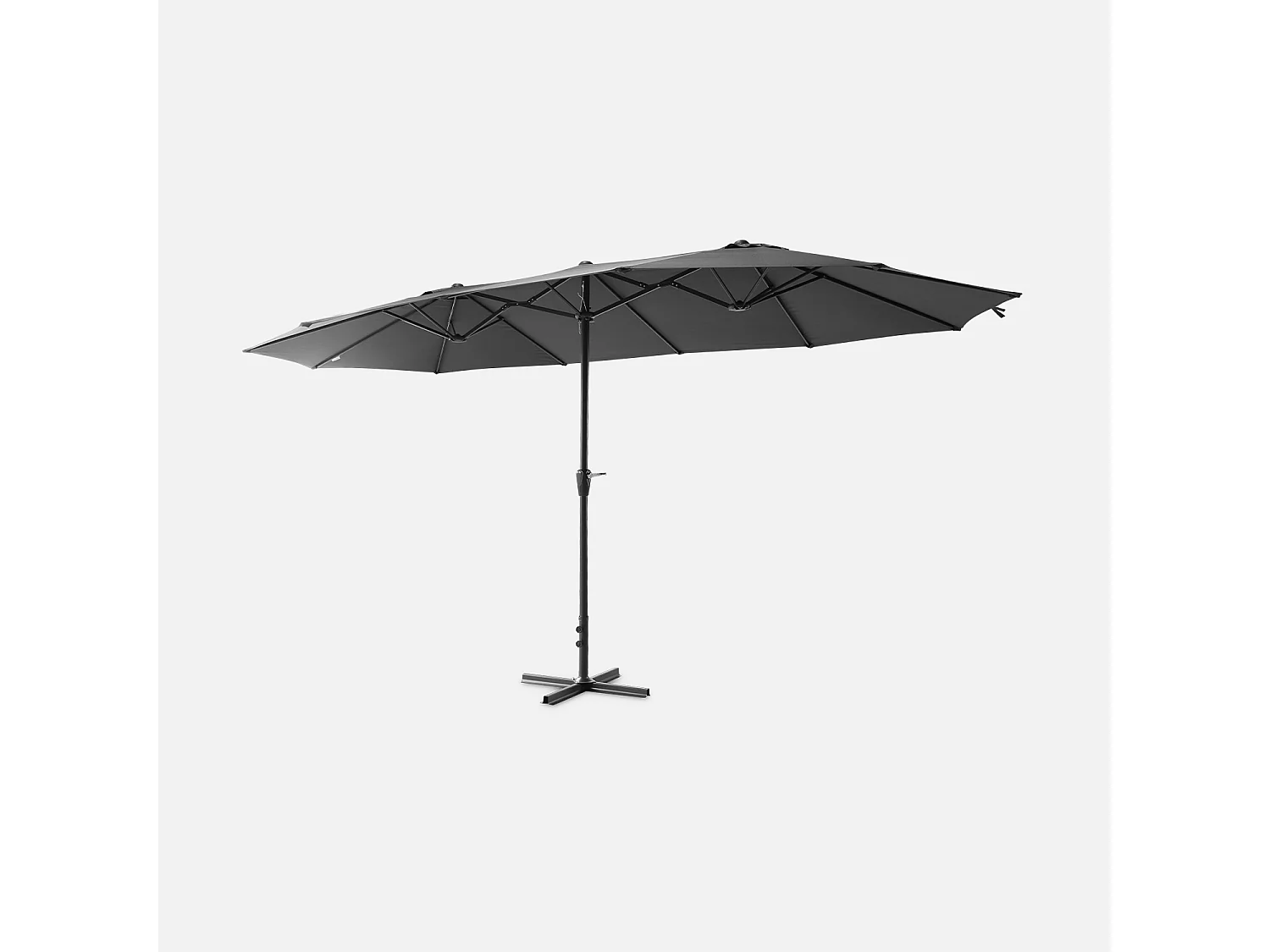 Parasol double taille XL (452 x 266 x 244.5cm) coloris anthracite à ouverture manuelle manivelle. avec mât central