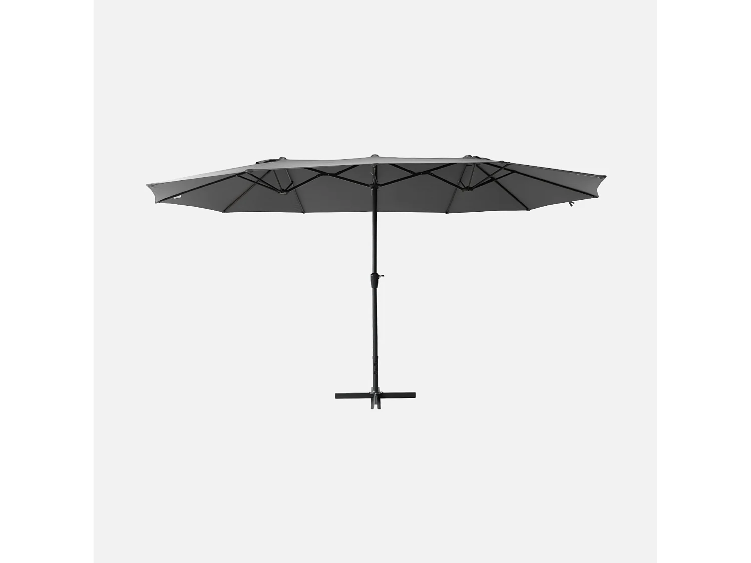 Parasol double taille XL (452 x 266 x 244.5cm) coloris anthracite à ouverture manuelle manivelle. avec mât central