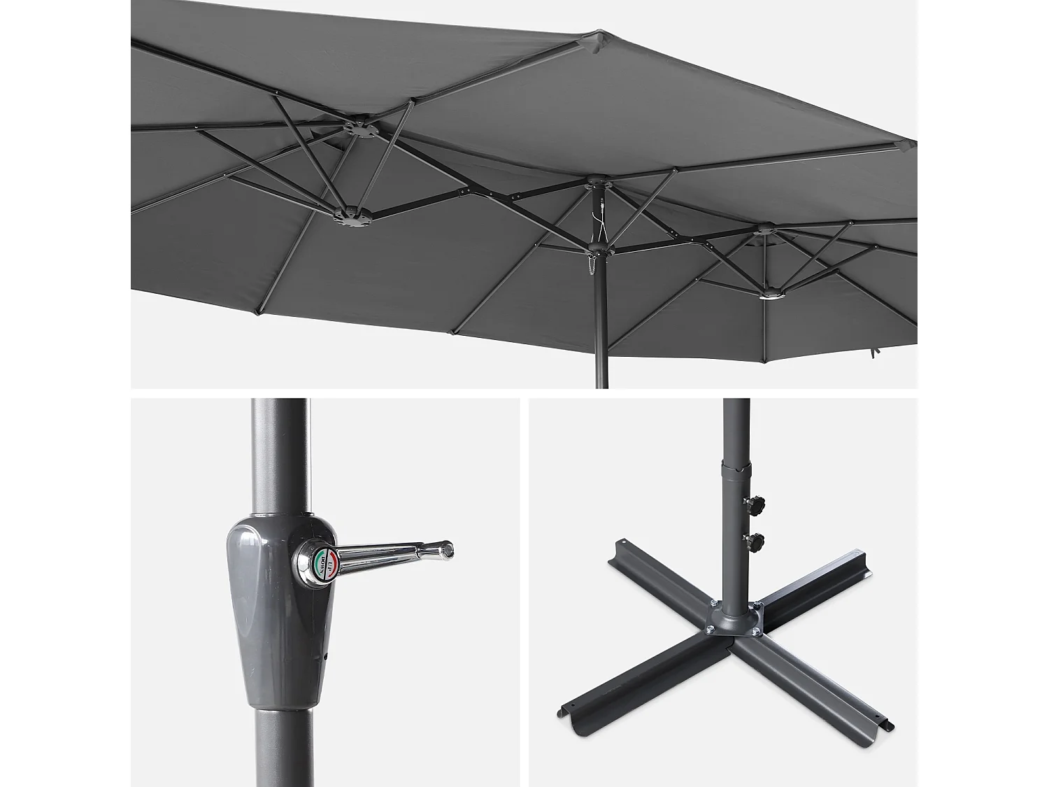 Parasol double taille XL (452 x 266 x 244.5cm) coloris anthracite à ouverture manuelle manivelle. avec mât central