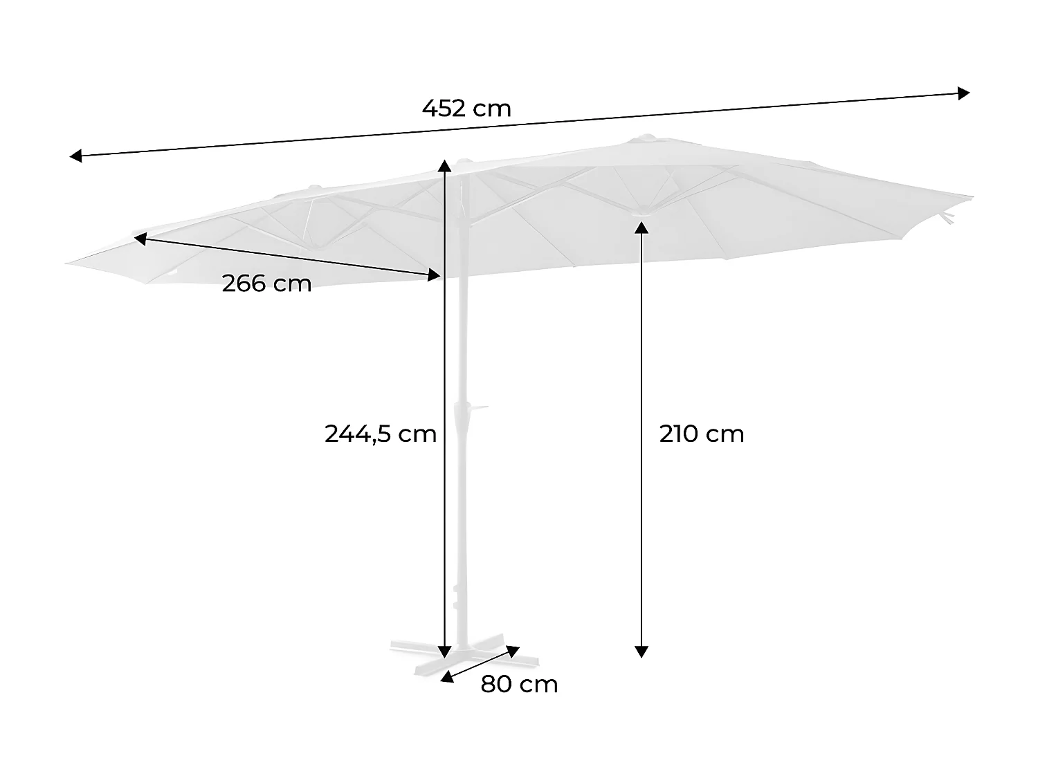 Parasol double taille XL (452 x 266 x 244.5cm) coloris anthracite à ouverture manuelle manivelle. avec mât central